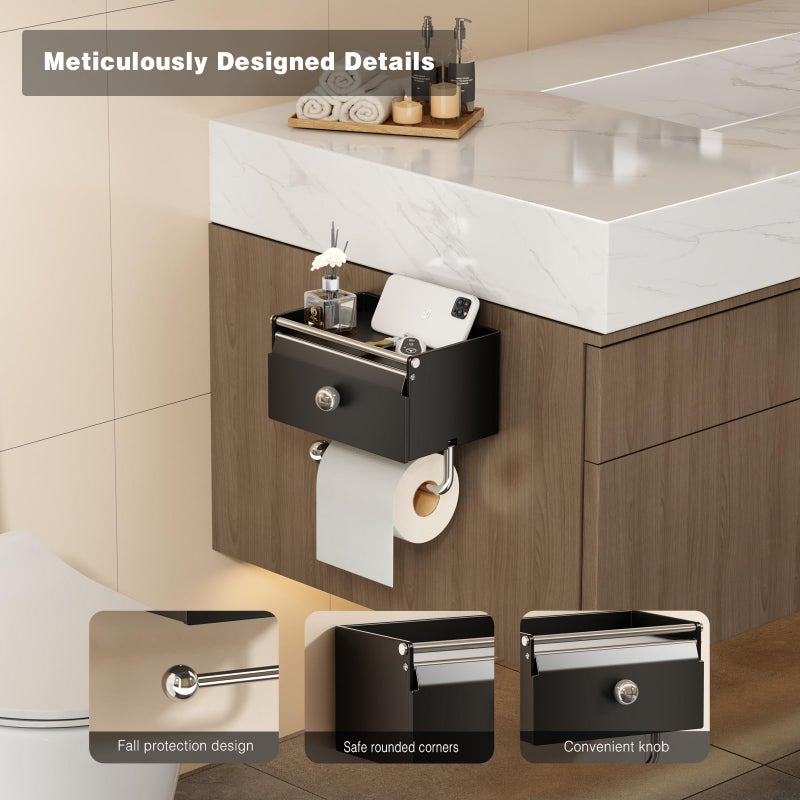 Voldra Toilet Paper Holder with Shelf, Flushable Wipes Dispenser for Bathroom, Adhesive Toilet Paper Roll Holder with Storage Wall Mount Stick On Bathroom Tissue Holder Front Flip Design (Matte Black) - Image 2