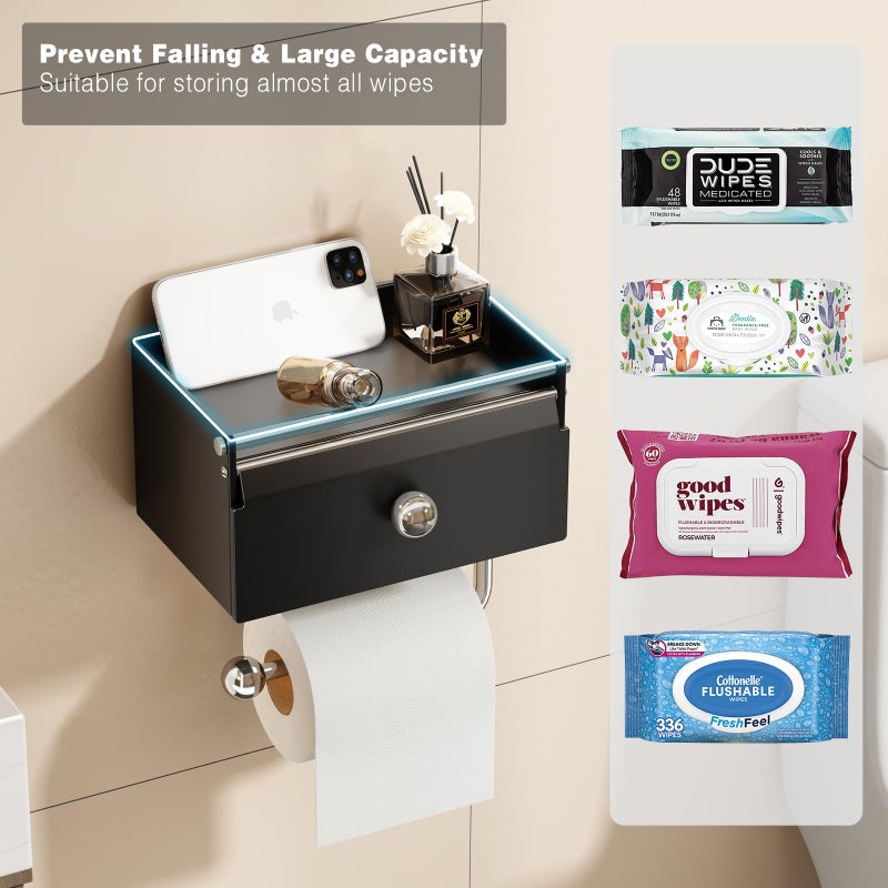 Voldra Toilet Paper Holder with Shelf, Flushable Wipes Dispenser for Bathroom, Adhesive Toilet Paper Roll Holder with Storage Wall Mount Stick On Bathroom Tissue Holder Front Flip Design (Matte Black) - Image 4