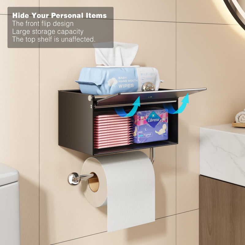 Voldra Toilet Paper Holder with Shelf, Flushable Wipes Dispenser for Bathroom, Adhesive Toilet Paper Roll Holder with Storage Wall Mount Stick On Bathroom Tissue Holder Front Flip Design (Matte Black) - Image 3
