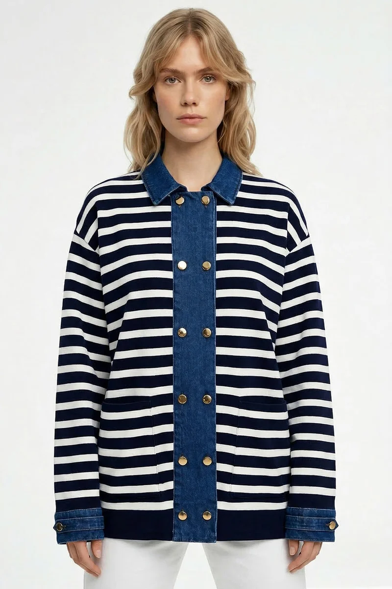 EXQUISE Long-sleeved, button-down, oversized knitted navy and white cardigan.