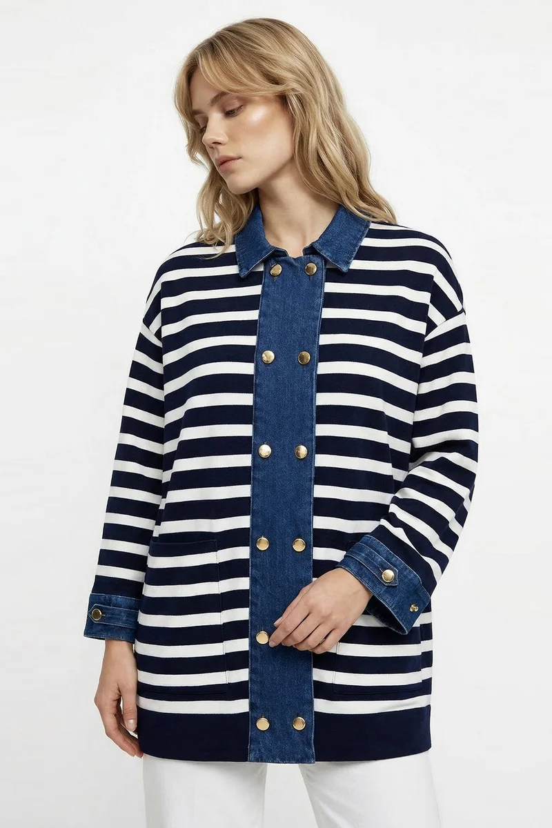 EXQUISE Long-sleeved, button-down, oversized knitted navy and white cardigan.