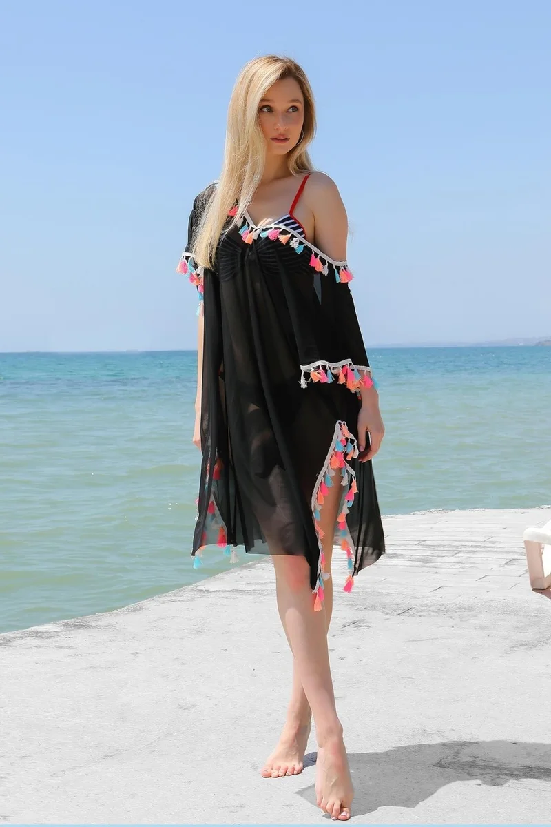 Akbeniz Women's Tasseled Tunic Pareo Beach Dress Black 38048