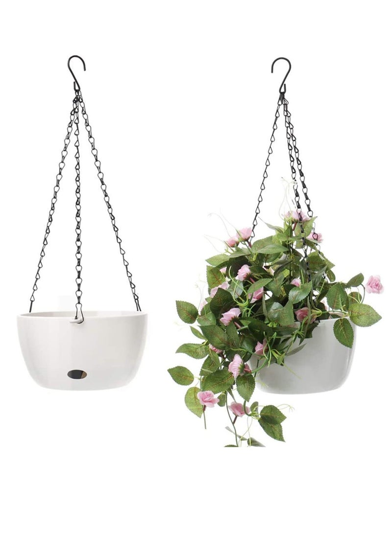 Excefore Hanging Flower Pot, 2 Pcs 20cm Round Plastic Hanging Basket Planter Pot, with Drainer and Chain, Hanging Planters for Boho Home Garden Decor (White)  - Image 1