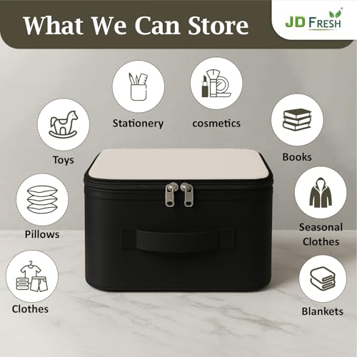 JD FRESH 4 Pc 30 Liters Non-Woven Cloth Organizer for Storage/Moisture Proof Cloth Storage Organizer with Handle/Underbed Storage Box/Storage Bag with Zipper for Saree/Blankets (Ivory & Black) - Image 4