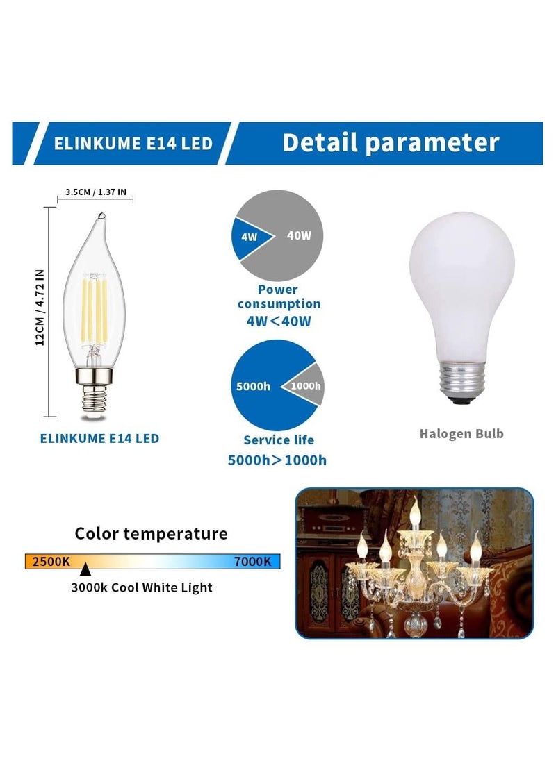 Y&D - E14 Led Bulb, Flame Tip LED Filament Candle Light 40w Incandescent Equivalent C35 4W 2700K Warm White, Energy Saving Chandelier Ceiling Bent-Tip Bulbs 360°Beam Angle(5Pcs White) - Image 1