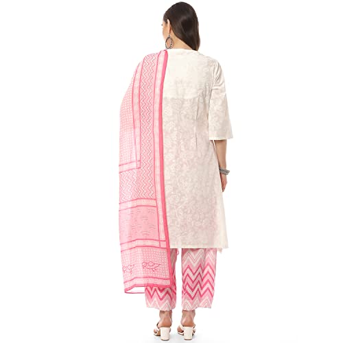 Biba بيبا نساء مطبوع قميص سلور كورتا دوباتا (Skd8052_Wht/Pnk_32), قطن, أبيض/وردي - Image 4