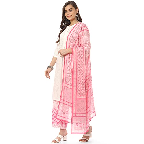 Biba بيبا نساء مطبوع قميص سلور كورتا دوباتا (Skd8052_Wht/Pnk_32), قطن, أبيض/وردي - Image 2