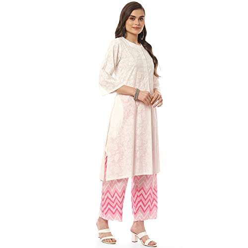 Biba بيبا نساء مطبوع قميص سلور كورتا دوباتا (Skd8052_Wht/Pnk_32), قطن, أبيض/وردي - Image 3
