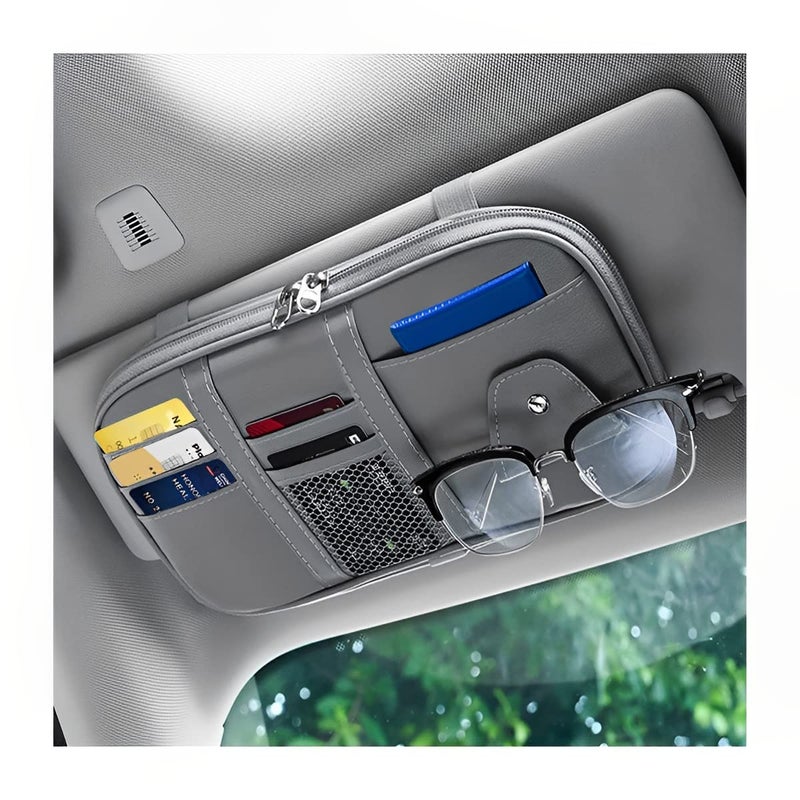 Car Sun Visor Organizer Sunglass Holder and Storage Pocket Card Cash Pouch with MultiPocket Net Zipper Case Bag for License Pen Key Auto Interior Accessories for Truck SUV Van Gray