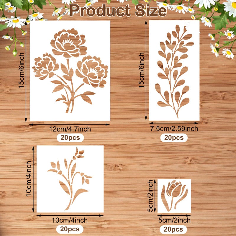 WSICSE 80Pcs Stencils for Painting, Stencils for Crafts Reusable Flower Wall Stencils for Drawing Art Scrapbook (6x4.7in, 5.91x2.59in, 4x4 in, 2x2in) - Image 2