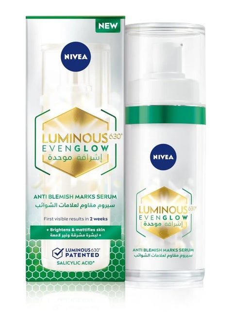 NIVEA LUMINOUS630 Even Glow Anti-Blemish Marks Face Serum with Salicylic Acid, Brightens and Mattifies Skin, First Visible Results in 2 Weeks, 30ml