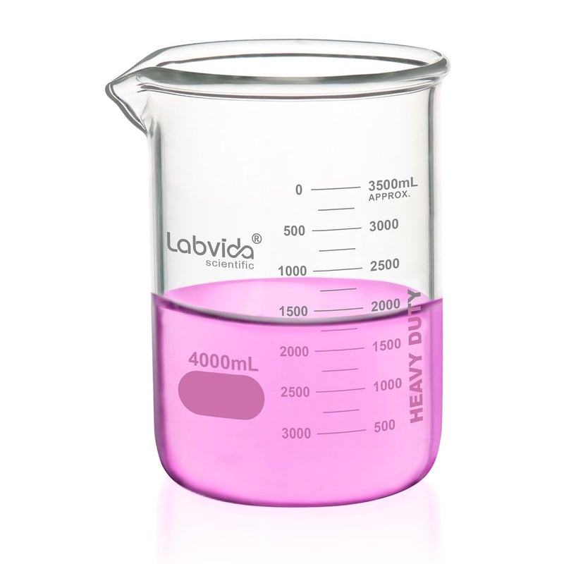 Labvida Heavy Duty Glass Beakers Vol.4000ml (135.3oz) thick-walled, 3.3 Boro Griffin Low Form with Double Scale Printed Graduation for Laboratories, Industries, Schools and Home use, LVAC016 - Image 1
