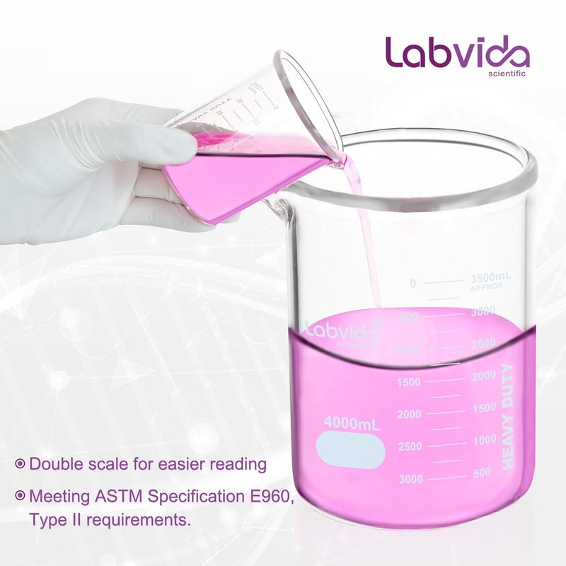 Labvida Heavy Duty Glass Beakers Vol.4000ml (135.3oz) thick-walled, 3.3 Boro Griffin Low Form with Double Scale Printed Graduation for Laboratories, Industries, Schools and Home use, LVAC016 - Image 4