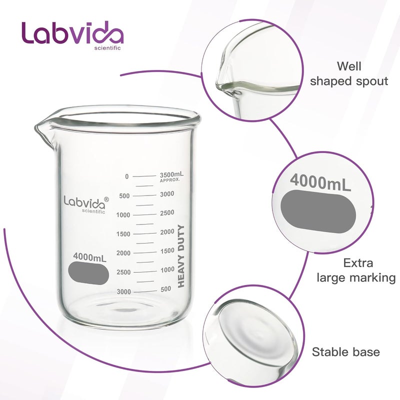 Labvida Heavy Duty Glass Beakers Vol.4000ml (135.3oz) thick-walled, 3.3 Boro Griffin Low Form with Double Scale Printed Graduation for Laboratories, Industries, Schools and Home use, LVAC016 - Image 5