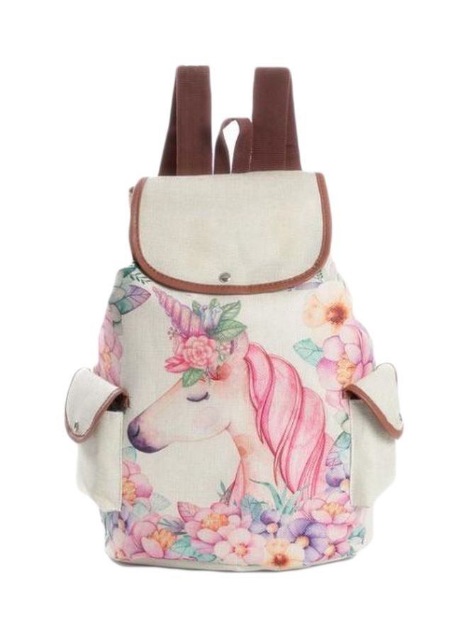حقيبة ظهر مدرسية على شكل يونيكورن من قماش الكتان بيج/ وردي/ بني