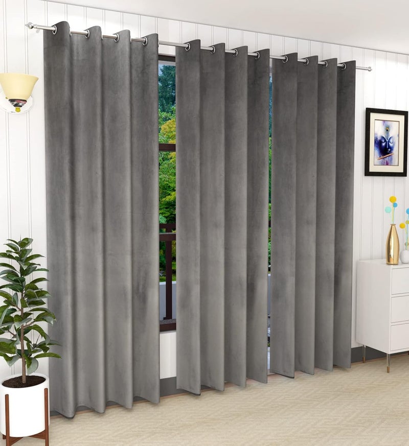 Home-Cloud Home cloud 3 Pieces Velvet Plain Semi Blackout Parda Curtains for Long Door 9 Feet Set of 3 Pcs 4 Feet x 9 Feet ColorGray  - Image 1