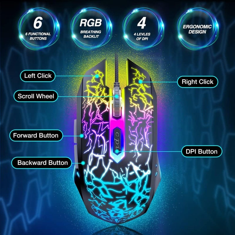 BENGOO Gaming Mouse with 7 Color Changing Light for PC, 2400 DPI Ergonomic Computer Mouse, USB Wired Mouse, 4 Adjustable DPI Levels, 6 Buttons for Notebook, Laptop, Macbook - Black - Image 5