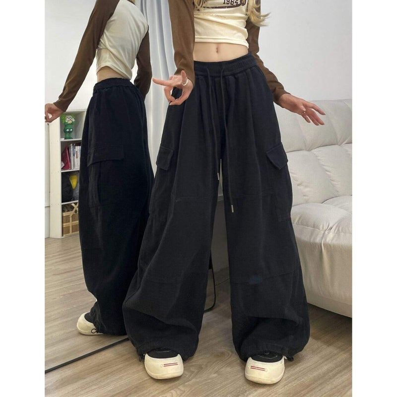 PEAINJ Baggy Cargo Pants for Women Men Y2k Wide Leg Sweatpants High Waisted Drawstring Pants Hip Hop Clothes Black-M - Image 2