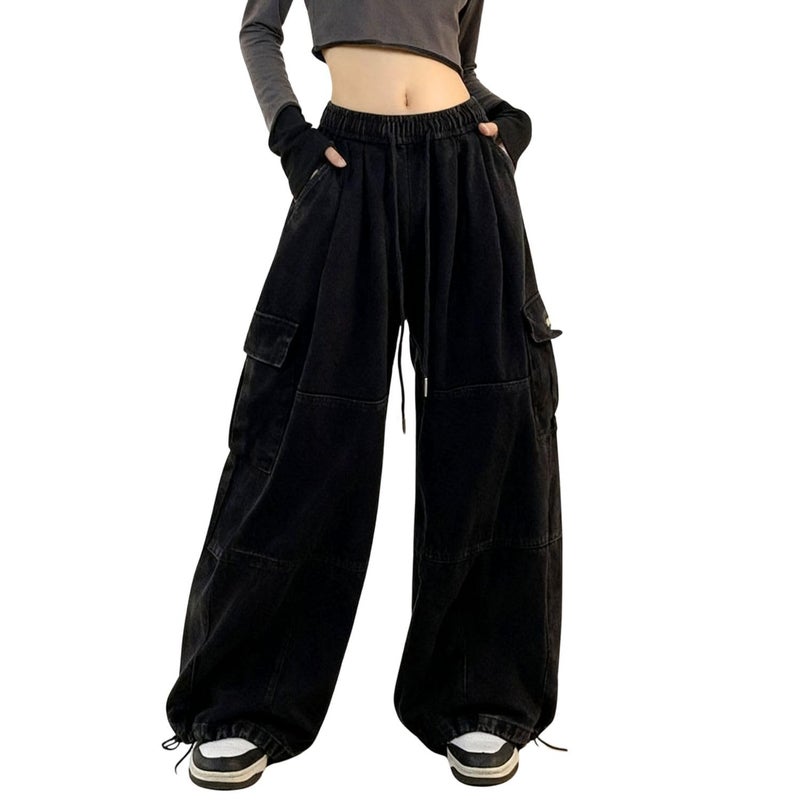 PEAINJ Baggy Cargo Pants for Women Men Y2k Wide Leg Sweatpants High Waisted Drawstring Pants Hip Hop Clothes Black-M - Image 1