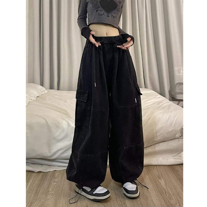 PEAINJ Baggy Cargo Pants for Women Men Y2k Wide Leg Sweatpants High Waisted Drawstring Pants Hip Hop Clothes Black-M - Image 4