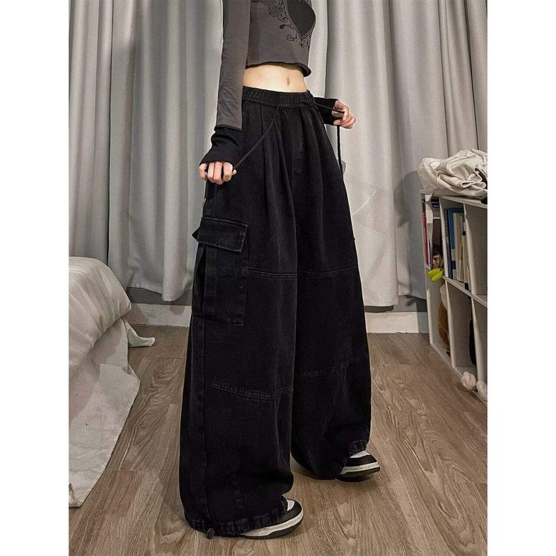 PEAINJ Baggy Cargo Pants for Women Men Y2k Wide Leg Sweatpants High Waisted Drawstring Pants Hip Hop Clothes Black-M - Image 5