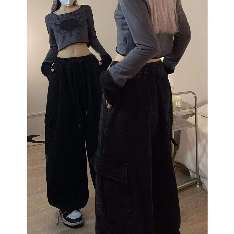 PEAINJ Baggy Cargo Pants for Women Men Y2k Wide Leg Sweatpants High Waisted Drawstring Pants Hip Hop Clothes Black-M - Image 3