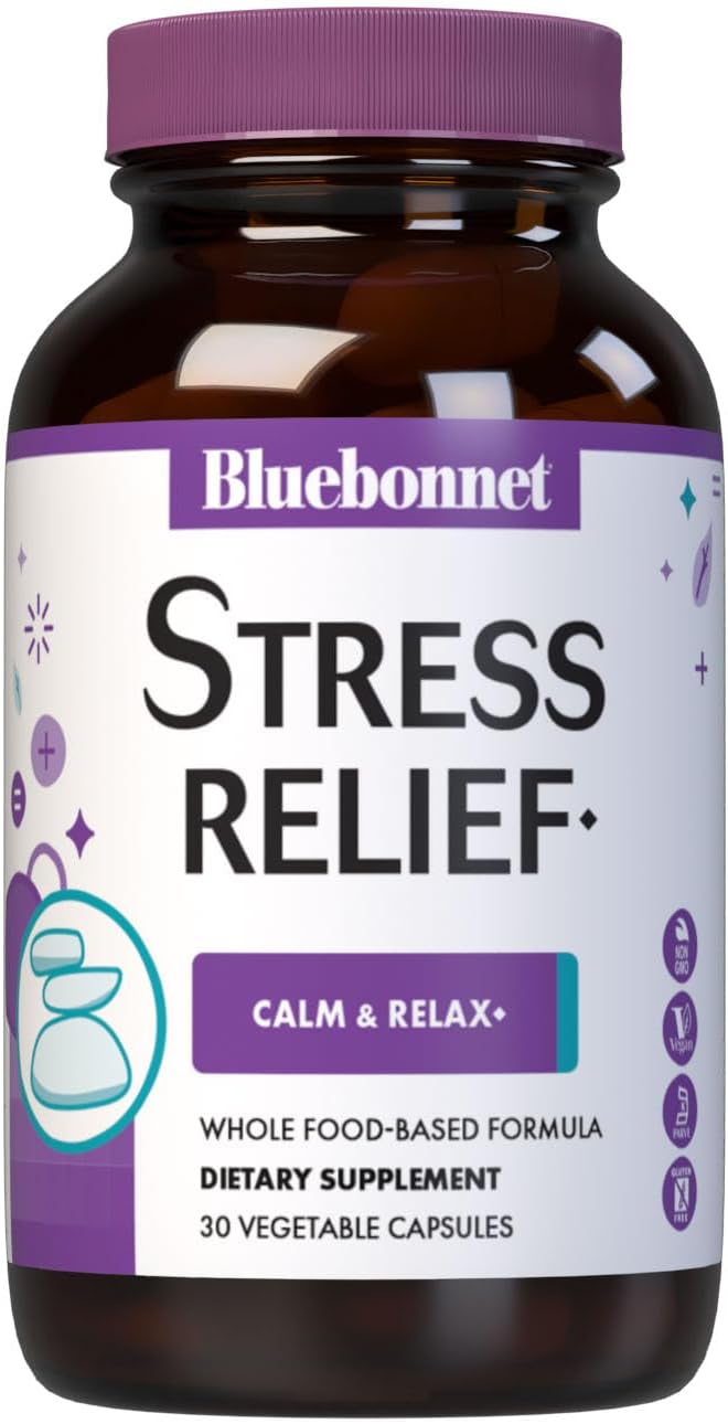 Bluebonnet Nutrition Stress Relief Calm  Relax Calming Whole FoodBased Formula NonGMO Vegan KosherCertified GlutenFree SoyFree DairyFree 30 Vegetable Capsules 30 Servings - Image 1