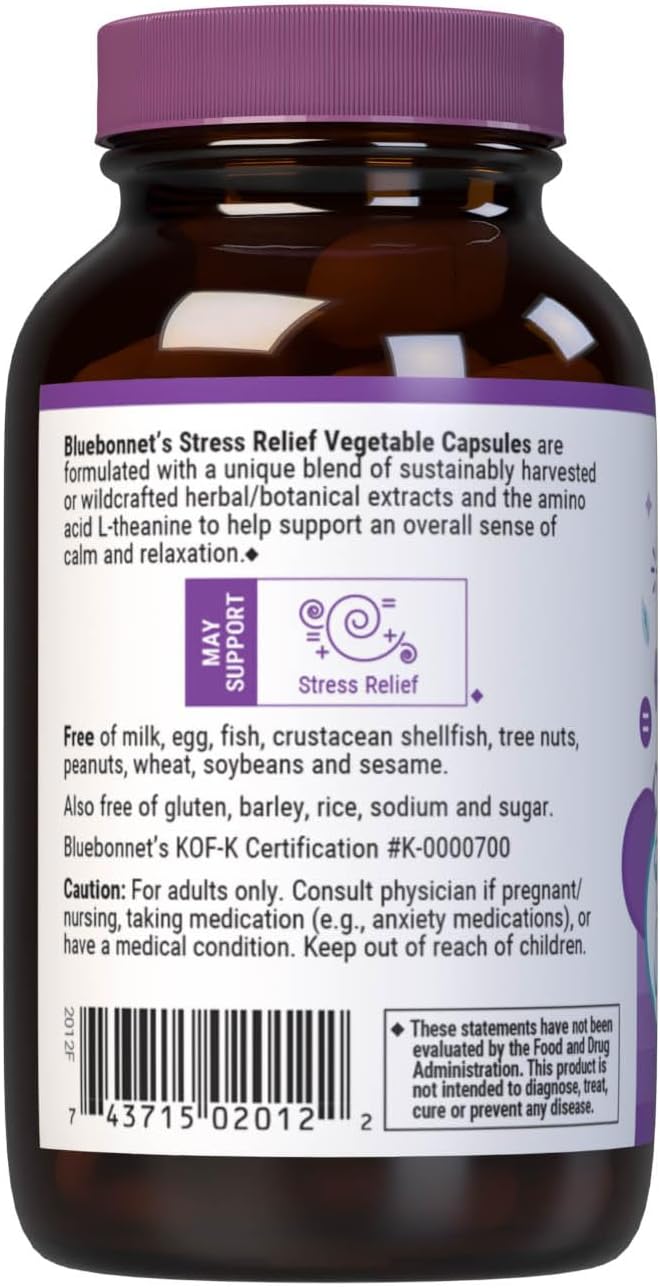Bluebonnet Nutrition Stress Relief Calm  Relax Calming Whole FoodBased Formula NonGMO Vegan KosherCertified GlutenFree SoyFree DairyFree 30 Vegetable Capsules 30 Servings - Image 4