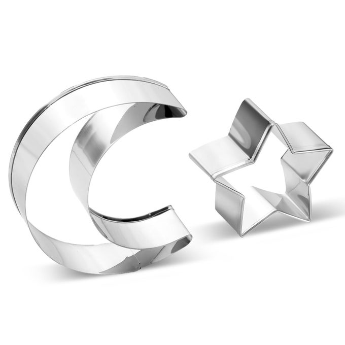 STAR COOKIE CUTTERS SET STAINLESS STEEL STAR AND MOON COOKIE CUTTER SHAPES LARGE MOON STAR SHAPED BISCUIT MOLDS METAL COOKIE CUTTERS FOR BAKING PASTRY FONDANT RAMADAN HOLIDAY 2PCS