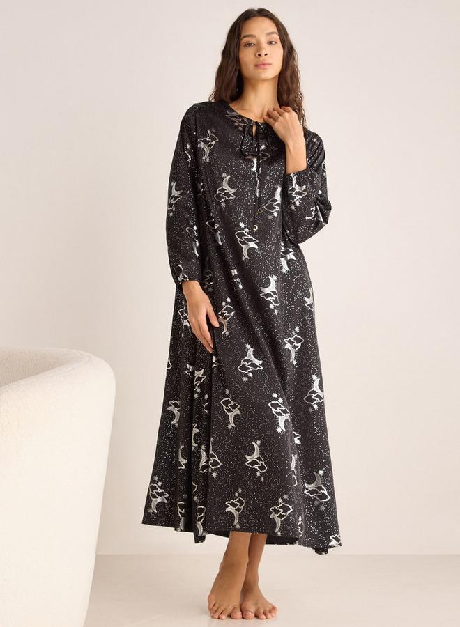 سبلاش فيڤ فستان نوم مطبوع بأكمام طويلة - Image 1