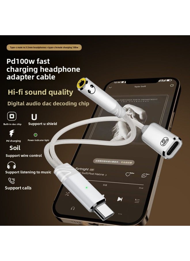 Generic Charging Audio Short Line Is Suitable For Mobile Phone Computer Listening To Songs, Charging 2-in -1 Type-c To 3.5 Earphone Adapter-Interface Form:Gray 201c100t Short Line  - Image 2
