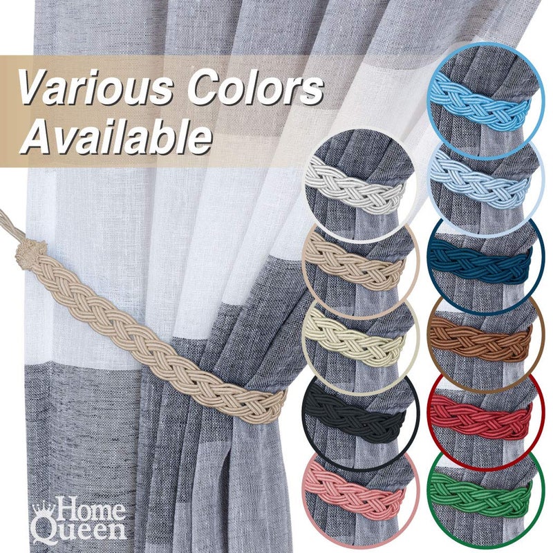 Home Queen Hand Braided Curtain Tie Back, Buckle Holdback Drapery Curtain Tiebacks, 2 Rope Belt Curtain Tie with 2 Metal Hooks, Taupe - Image 5