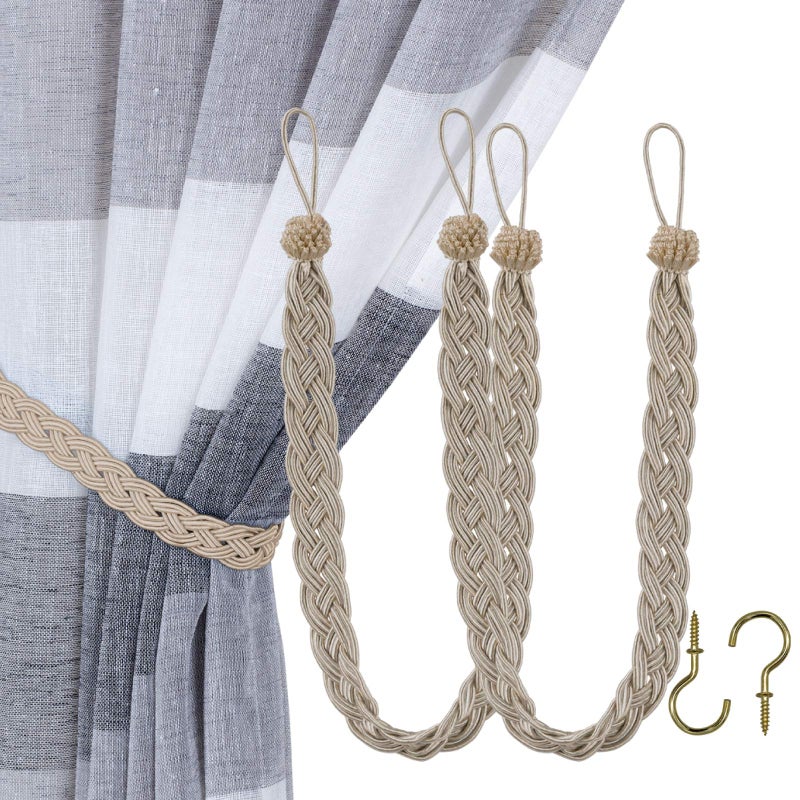 Home Queen Hand Braided Curtain Tie Back, Buckle Holdback Drapery Curtain Tiebacks, 2 Rope Belt Curtain Tie with 2 Metal Hooks, Taupe - Image 1