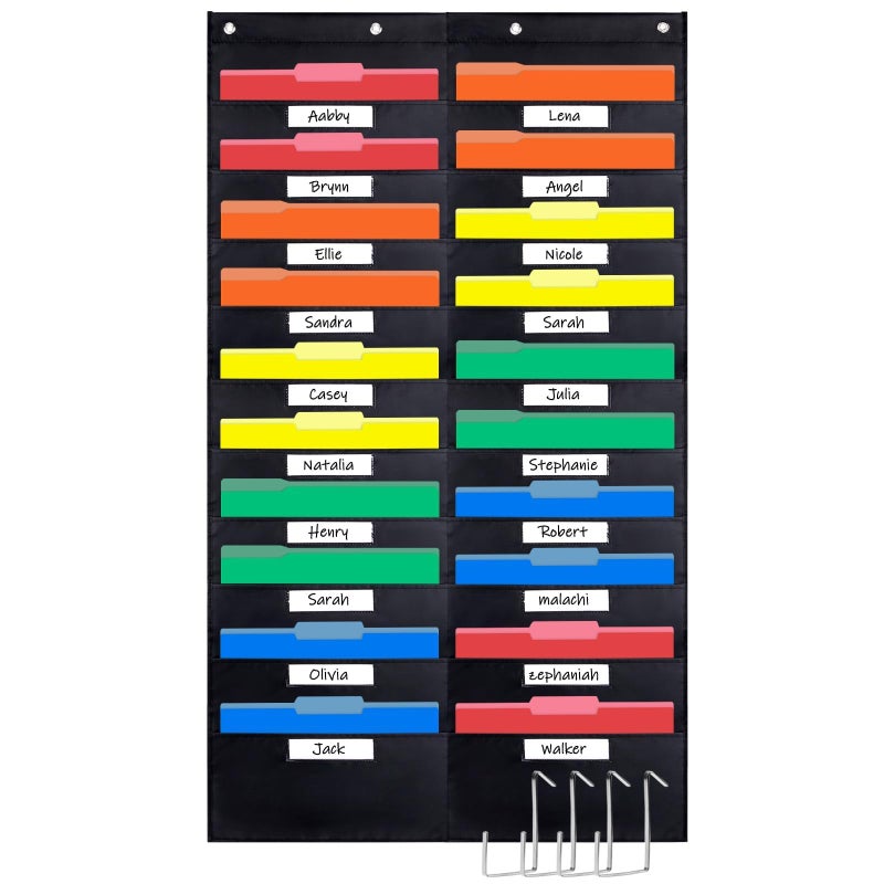 Opret 20 Pockets Storage Pocket Chart with 20 Nametag Pockets, Hanging Wall File Organizer for File Folders with 4 Hangers for Classroom, Office, School Mailbox Organizer and Home (Black) - Image 1