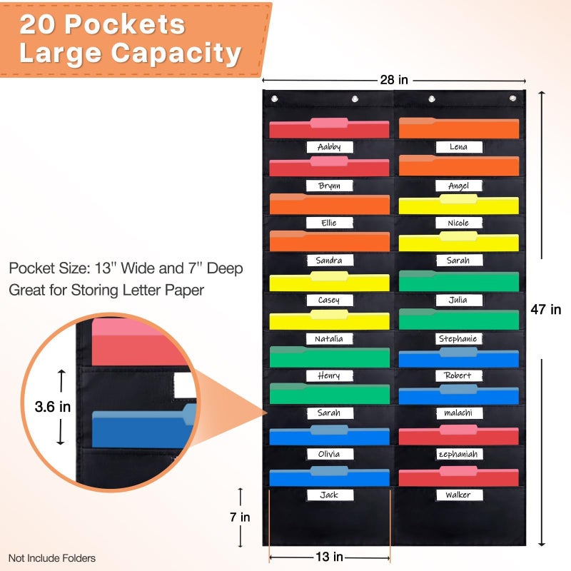 Opret 20 Pockets Storage Pocket Chart with 20 Nametag Pockets, Hanging Wall File Organizer for File Folders with 4 Hangers for Classroom, Office, School Mailbox Organizer and Home (Black) - Image 2