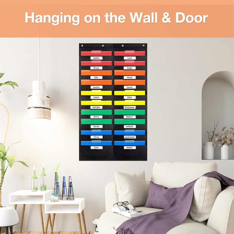 Opret 20 Pockets Storage Pocket Chart with 20 Nametag Pockets, Hanging Wall File Organizer for File Folders with 4 Hangers for Classroom, Office, School Mailbox Organizer and Home (Black) - Image 5