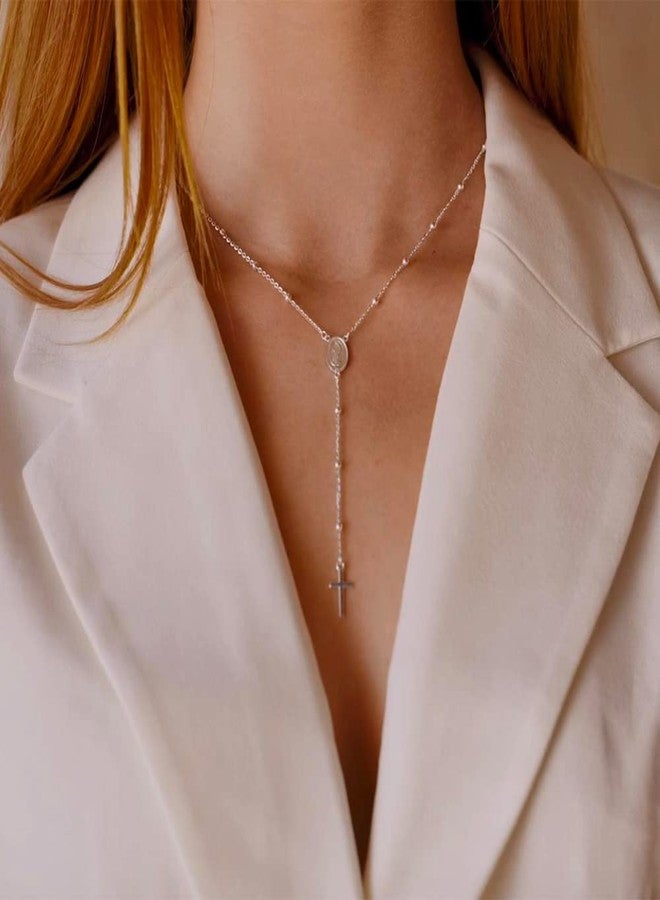 QUADRI Rosary Necklace for Women, Sterling Silver Beads, Catholic Virgin Mary Cross Necklace, 19 Inch, Gift Box Included - Image 5