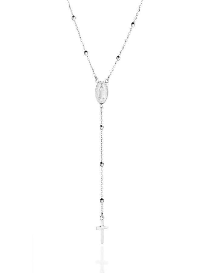 QUADRI Rosary Necklace for Women, Sterling Silver Beads, Catholic Virgin Mary Cross Necklace, 19 Inch, Gift Box Included - Image 1