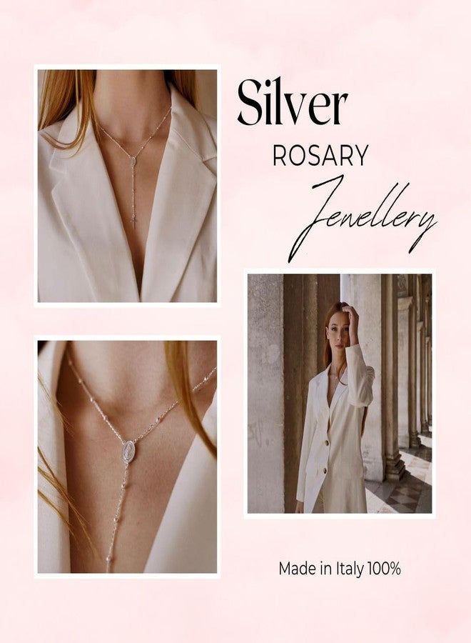 QUADRI Rosary Necklace for Women, Sterling Silver Beads, Catholic Virgin Mary Cross Necklace, 19 Inch, Gift Box Included - Image 4