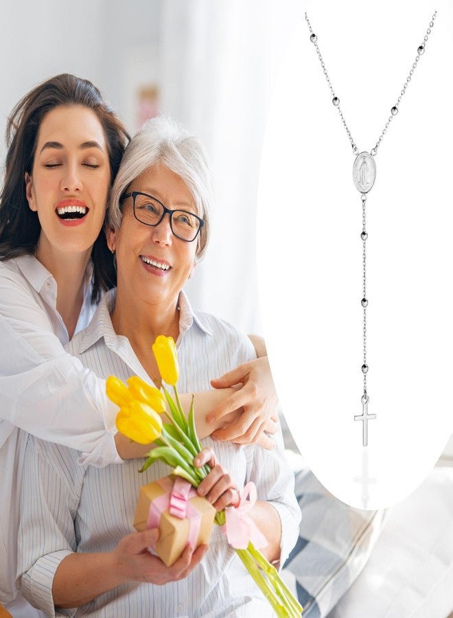 QUADRI Rosary Necklace for Women, Sterling Silver Beads, Catholic Virgin Mary Cross Necklace, 19 Inch, Gift Box Included - Image 3