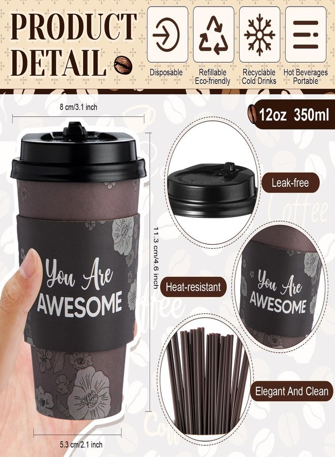 Ziliny 100 Sets 12 oz Disposable Coffee Cups with Lids and Straws Motivational Paper Cup Sleeves for Hot & Cold Drinks Chocolate Cocoa Beverage Café Shop Office, 5 Styles - Image 3