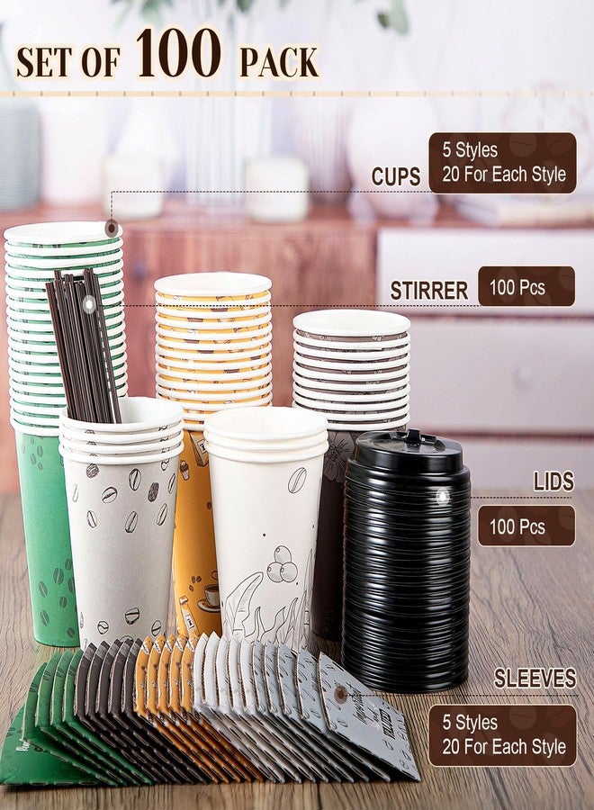 Ziliny 100 Sets 12 oz Disposable Coffee Cups with Lids and Straws Motivational Paper Cup Sleeves for Hot & Cold Drinks Chocolate Cocoa Beverage Café Shop Office, 5 Styles - Image 2