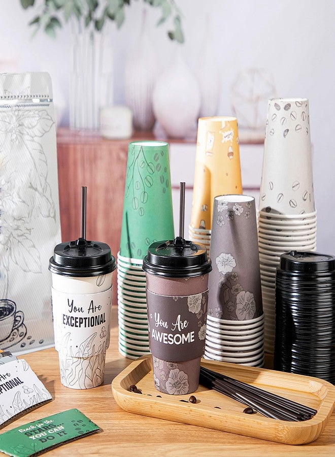 Ziliny 100 Sets 12 oz Disposable Coffee Cups with Lids and Straws Motivational Paper Cup Sleeves for Hot & Cold Drinks Chocolate Cocoa Beverage Café Shop Office, 5 Styles - Image 5