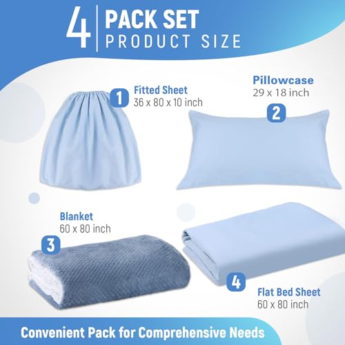 SmoothNovelty 4 Pcs Hospital Bed Sheets Set, Soft Knitted Standard Sheets Quality, Include Fitted Coverlet, Quilt Cover, Pillow Case and Blanket(Blue) - Image 2
