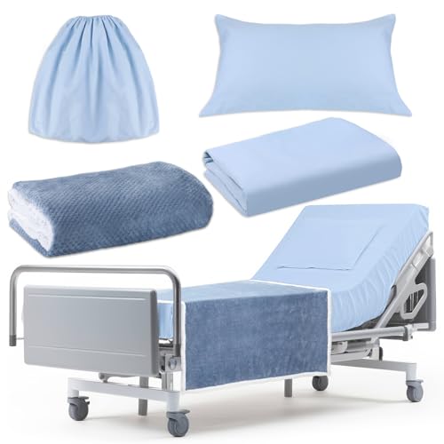 SmoothNovelty 4 Pcs Hospital Bed Sheets Set, Soft Knitted Standard Sheets Quality, Include Fitted Coverlet, Quilt Cover, Pillow Case and Blanket(Blue) - Image 1