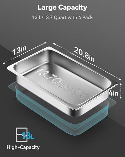 ZeroPone 4 Pack Hotel Pans with Lids, 1/1 Full Size 4" Deep Steam Table Pan, 19 Gauge Thickened Stainless Steel Anti Jam Steam Pan, Commercial Food Storage Containers - Image 4