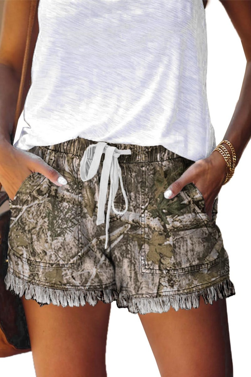 YOCUR Womens Denim Shorts Colored Flowy Fashion Board Elastic Waist Fringe Drawstring Lounge Size Jean Shorts Forest Camo L - Image 1