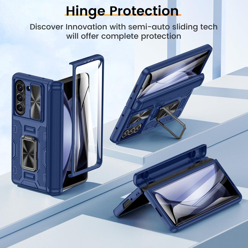 VEGO for Samsung Fold 5 Case with Hinge Protection & Slide Camera Cover, Built-in 360Â° Magnetic Ring Stand, Screen Protector, Shockproof Protective for Samsung Fold 5 5G 2023 - Blue - Image 3