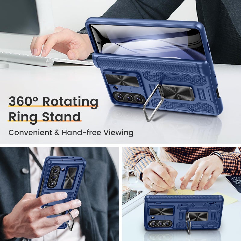 VEGO for Samsung Fold 5 Case with Hinge Protection & Slide Camera Cover, Built-in 360Â° Magnetic Ring Stand, Screen Protector, Shockproof Protective for Samsung Fold 5 5G 2023 - Blue - Image 5