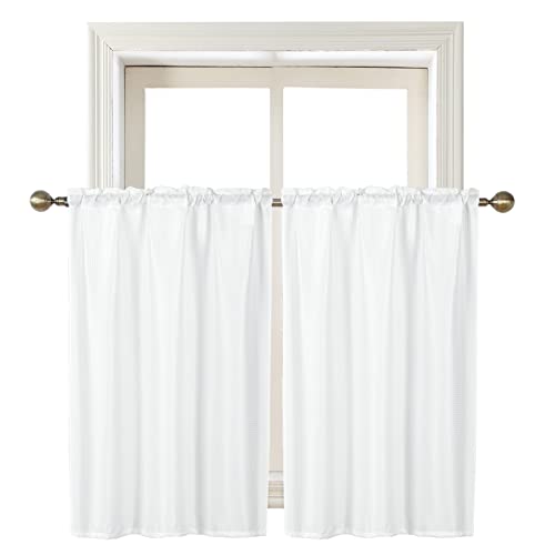 Home Queen White Waffle Bathroom Window Curtains Water Repellent Rod Pocket Short Kitchen Drapes for Small Window 2 Panels 36 W X 36 L Inch Each